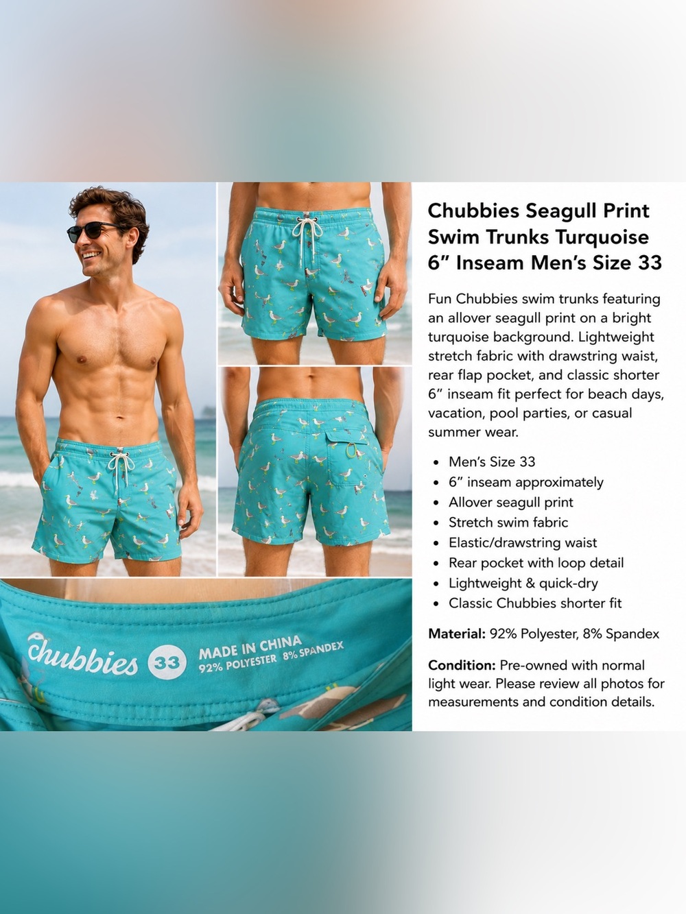 Chubbies Seagull Print Swim Trunks Turquoise 6” Inseam Men’s Size 33 Beach